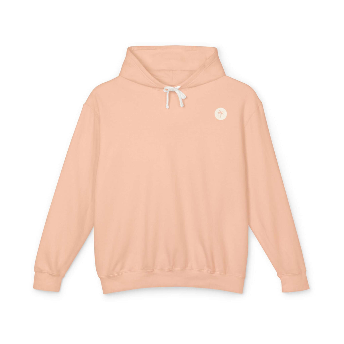 Peachy Emblem Hoodie with Salty Palm Design, lightweight and relaxed fit, made from 100% ringspun cotton, perfect for cozy comfort.