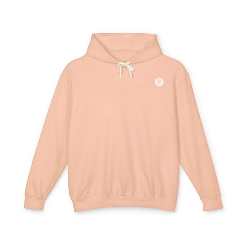 Peachy Emblem Hoodie with Salty Palm Design, lightweight and relaxed fit, made from 100% ringspun cotton, perfect for cozy comfort.