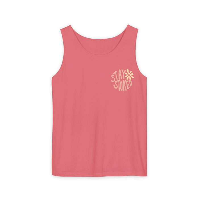 Stay Stoked watermelon pink tank top in 100% ringspun US cotton with relaxed fit and Comfort Colors 9360 style.