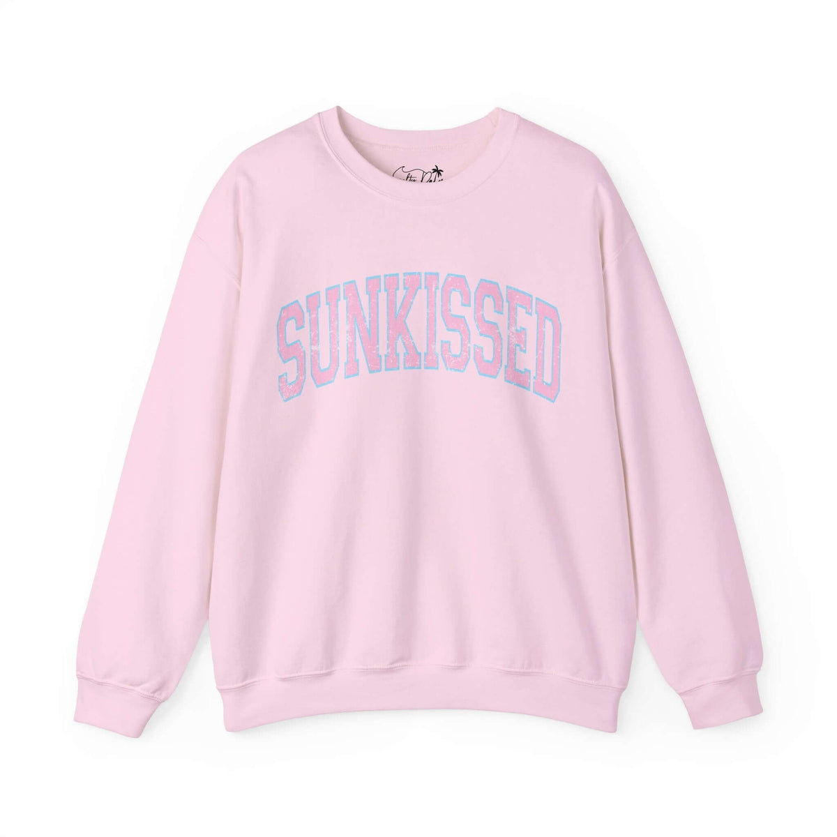 Light pink crewneck sweatshirt with "Sunkissed" text in varsity font, made from cotton and polyester blend, featuring long sleeves.