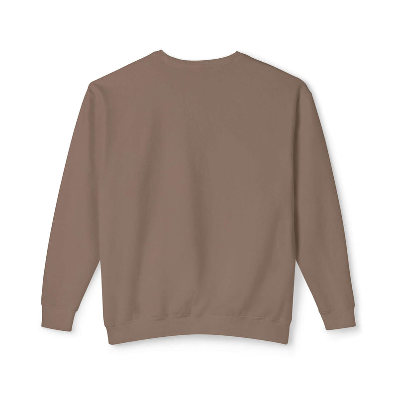 Brown comfort colors sweatshirt, relaxed fit, made from 100% ringspun cotton, featuring a beachy emblem design on the back.