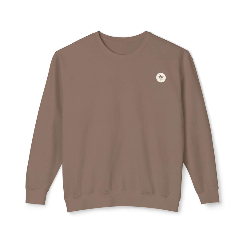 Espresso brown sweatshirt with Salty Palm beachy emblem, 100% ringspun cotton, lightweight, relaxed fit, perfect for cozy lounging