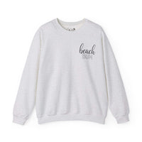 Beach Bum ash grey crewneck sweatshirt with black text, comfortable loose fit, ideal for beach lovers.