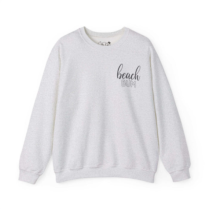 Beach Bum ash grey crewneck sweatshirt with black text, comfortable loose fit, ideal for beach lovers.