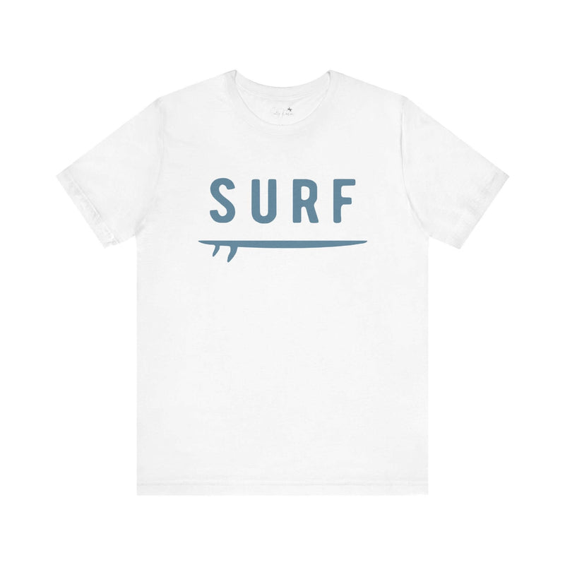 White surf graphic tee with bold lettering and surfboard design, 100% cotton unisex fit, ideal for surf lovers.