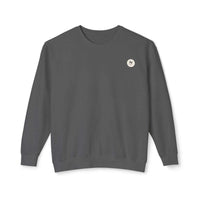 Gray sweatshirt with salty palm emblem, lightweight ringspun cotton, relaxed fit, ideal for cozy lounging.