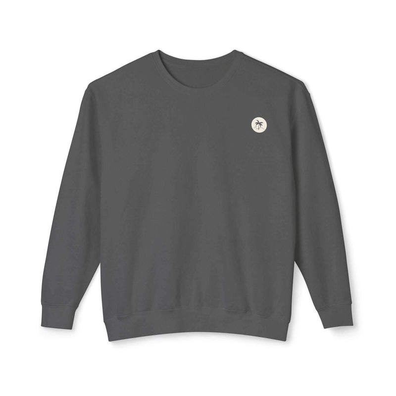 Gray sweatshirt with salty palm emblem, lightweight ringspun cotton, relaxed fit, ideal for cozy lounging.