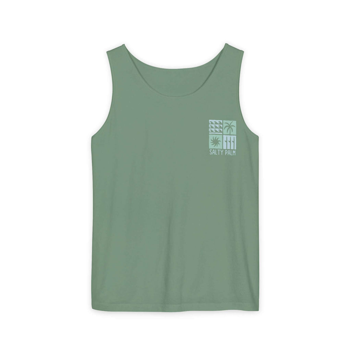 Light green SP Surf Vibes tank top, 100% ringspun US cotton, Comfort Colors 9360, relaxed fit, front view with design on chest.