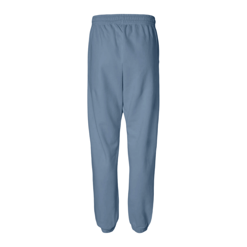 Blue jean emblem sweatpants, relaxed fit, lightweight fleece, perfect for lounging, featuring a subtle salty palm design.