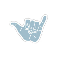 Blue Shaka Surf Sticker featuring a blue "shaka" hand gesture, ideal for decorating laptops, water bottles, cars, and boards.