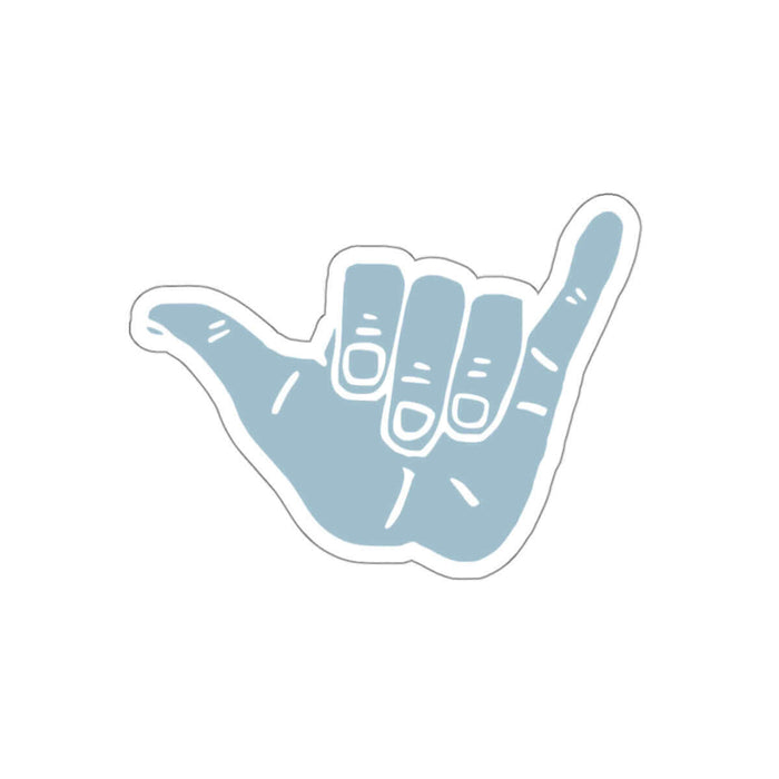 Blue Shaka Surf Sticker featuring a blue "shaka" hand gesture, ideal for decorating laptops, water bottles, cars, and boards.