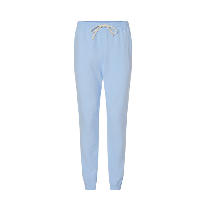 Light blue sweatpants with a drawstring waist, featuring a relaxed fit and garment-dyed fabric.