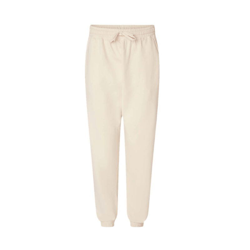 Ivory sweatpants with a relaxed fit, featuring a salty palm emblem, made from 100% ringspun cotton and garment-dyed lightweight fleece.