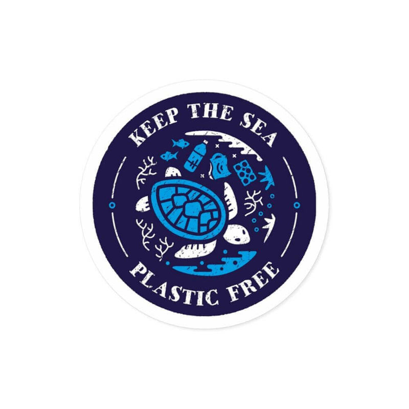 Keep the Sea Plastic Free round sticker with turtle graphic, promoting ocean conservation and awareness. Water and scratch-resistant design.