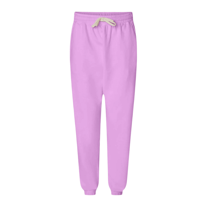 Neon violet sweatpants with salty palm emblem, relaxed fit, 100% ringspun cotton, perfect for lounging, lightweight fleece, garment-dyed.