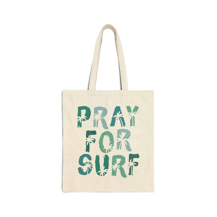 Organic cotton Pray for Surf canvas tote bag with tropical design, perfect for beach essentials. 15"x16" size, twin 20" handles, flat corners.