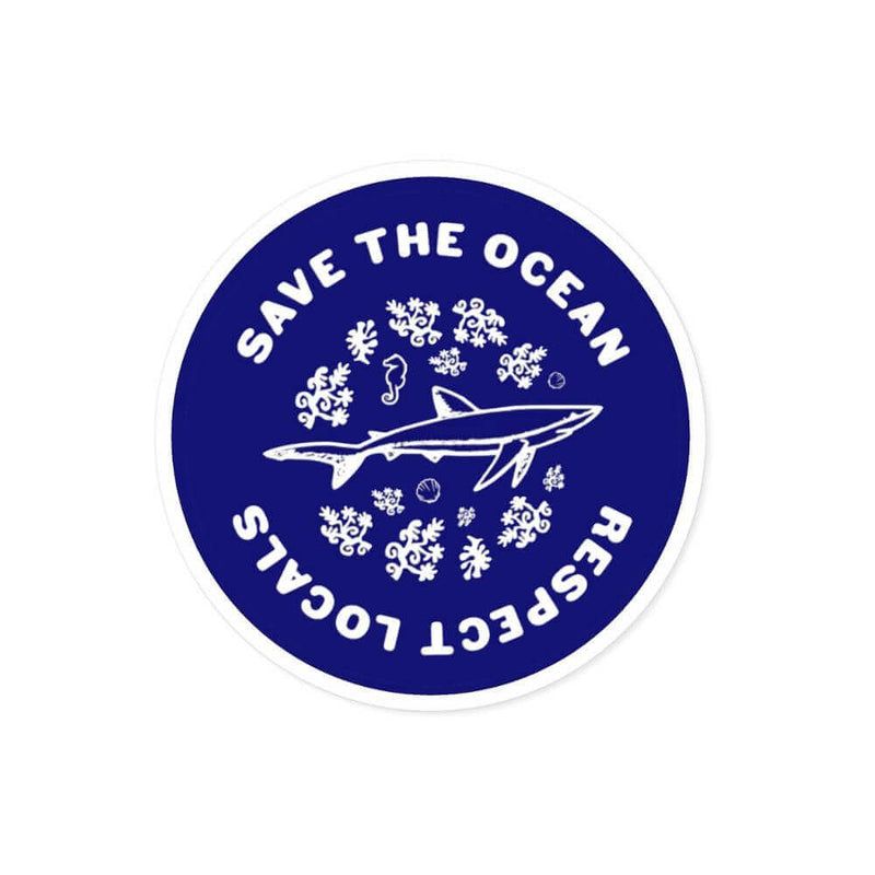 Respect the Locals Sticker featuring ocean conservation message with marine life design, round, water-resistant, premium vinyl sticker