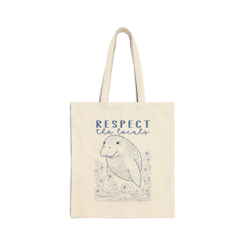 Respect the Locals Manatee Canvas Tote Bag made of 100% organic cotton, featuring a cute manatee illustration, perfect for everyday use.