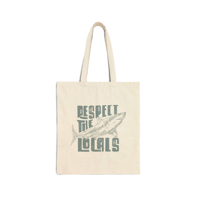 Respect the Locals Shark Canvas Tote Bag – Organic cotton tote supporting shark conservation with twin carry handles and double side design.