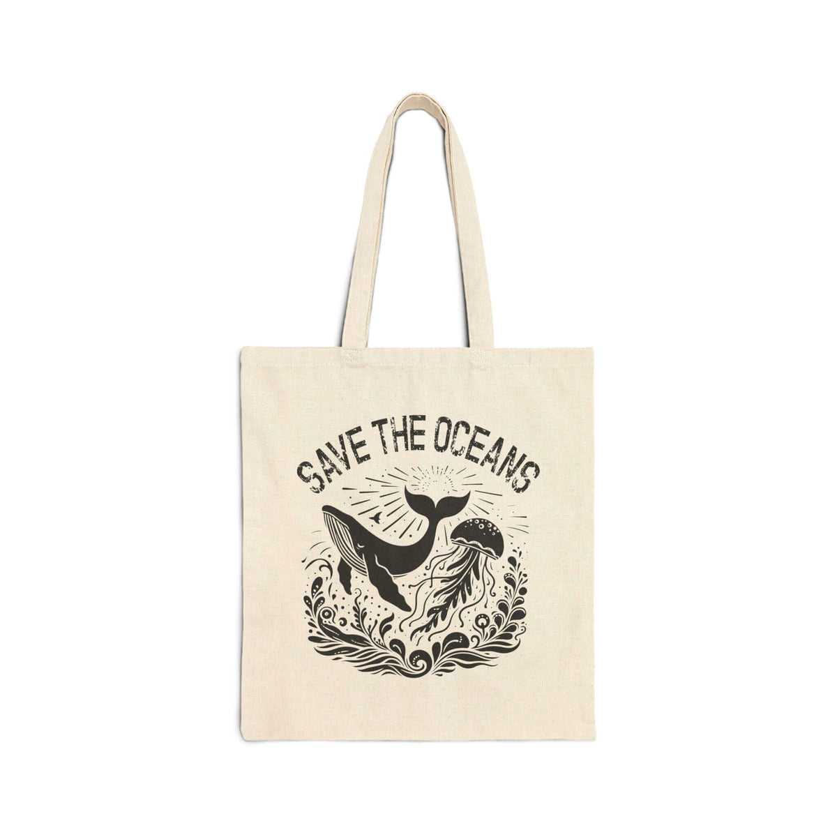 Save the Oceans Canvas Tote Bag made from eco-friendly organic cotton, featuring ocean-themed design, perfect for beach days and daily use.