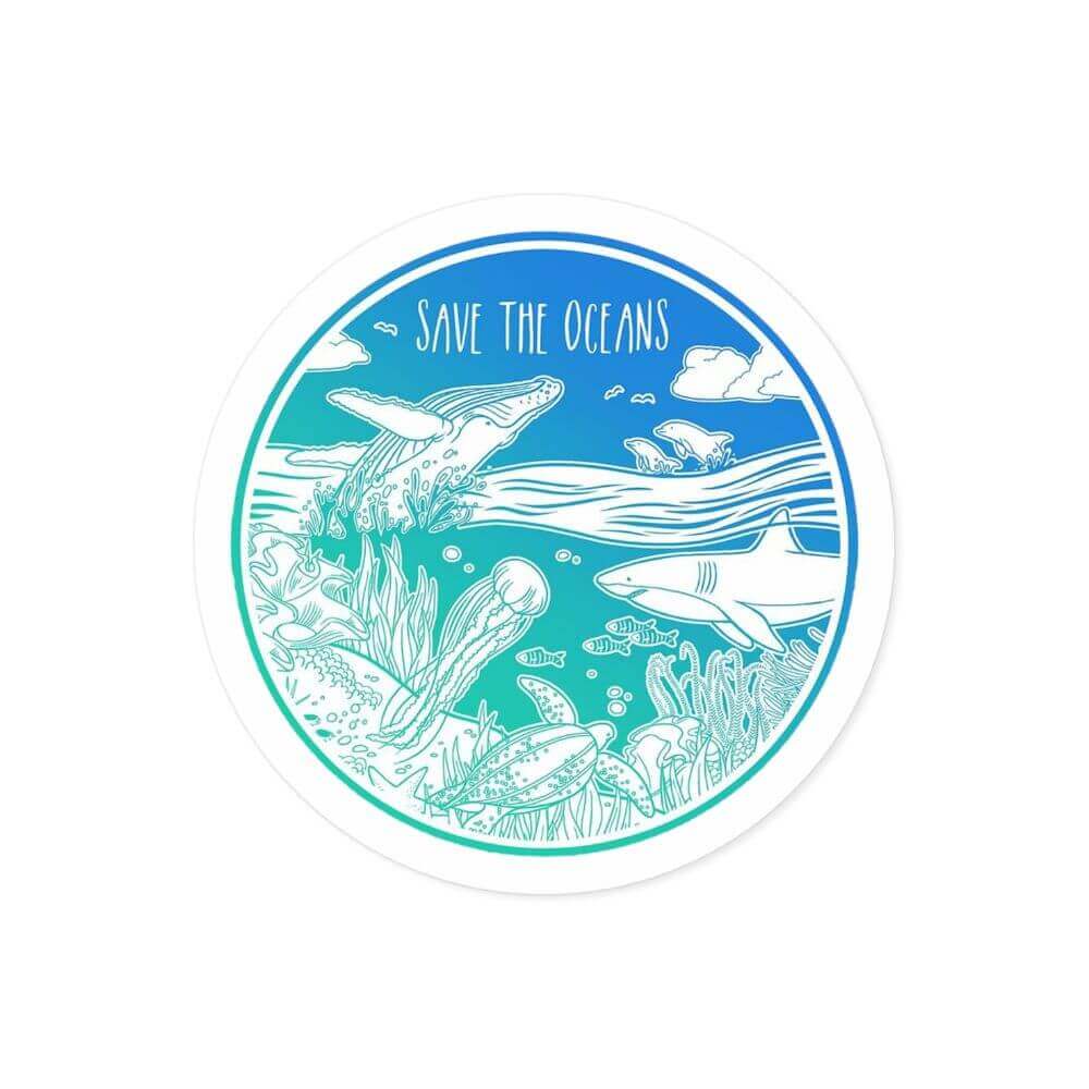 Save the Oceans sticker featuring marine life, promoting ocean conservation, round, water and scratch-resistant, ideal for indoor and outdoor use.