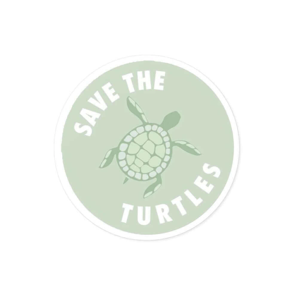 Save the Turtles round sticker for marine conservation, water and scratch-resistant, perfect for indoor and outdoor use.