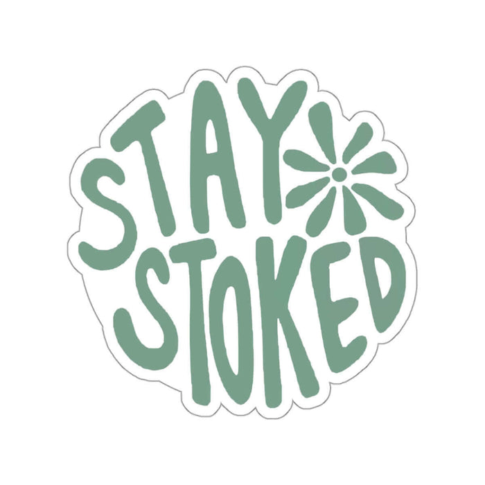 Stay Stoked sticker with green text and floral design, perfect for surfboards and cars, water-resistant and matte finish.