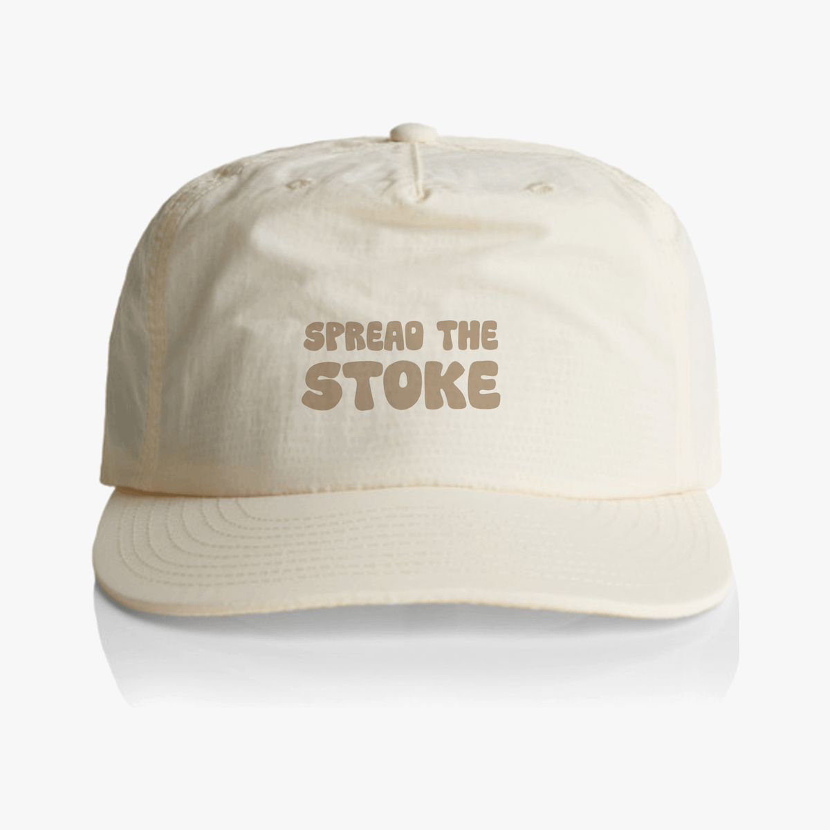 Ecru surf cap with "Spread the Stoke" text, made from recycled nylon, ideal for outdoor activities and beach lovers.