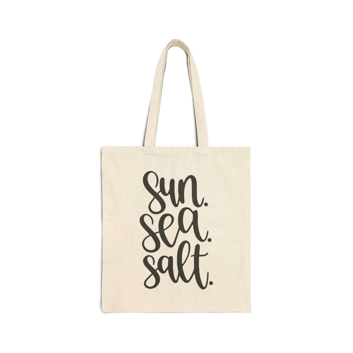 Sun Sea Salt Canvas Tote Bag with stylish black text, durable organic cotton perfect for beach days or errands, 15x16 inches, twin carry handles